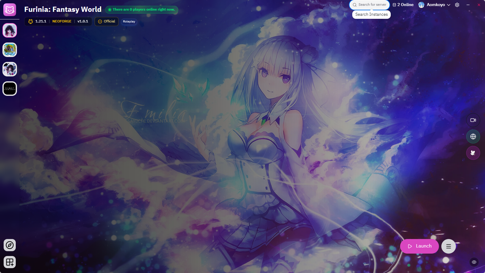ภาพหน้าจออินเทอร์เฟซ Neko Launcher ตัวจัดการ Minecraft Instance และม็อด